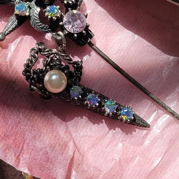 Florenza Hat Pin Stick Pin ~ Vintage ~ Victorian Revival ~ Rhinestones ~ Flaws - Picture 7 of 16
